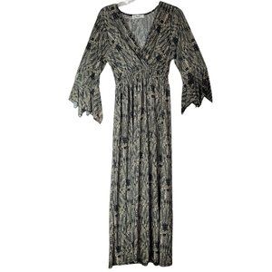 Lapogee Maxi Dress Womens S Boho V Neck 3/4 Sleeve Hippie Festival Black Tan NWT